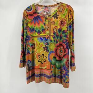 Johnny Was Multicolor Floral Print Tunic Top Rayon Blend Boho Festival Sz S